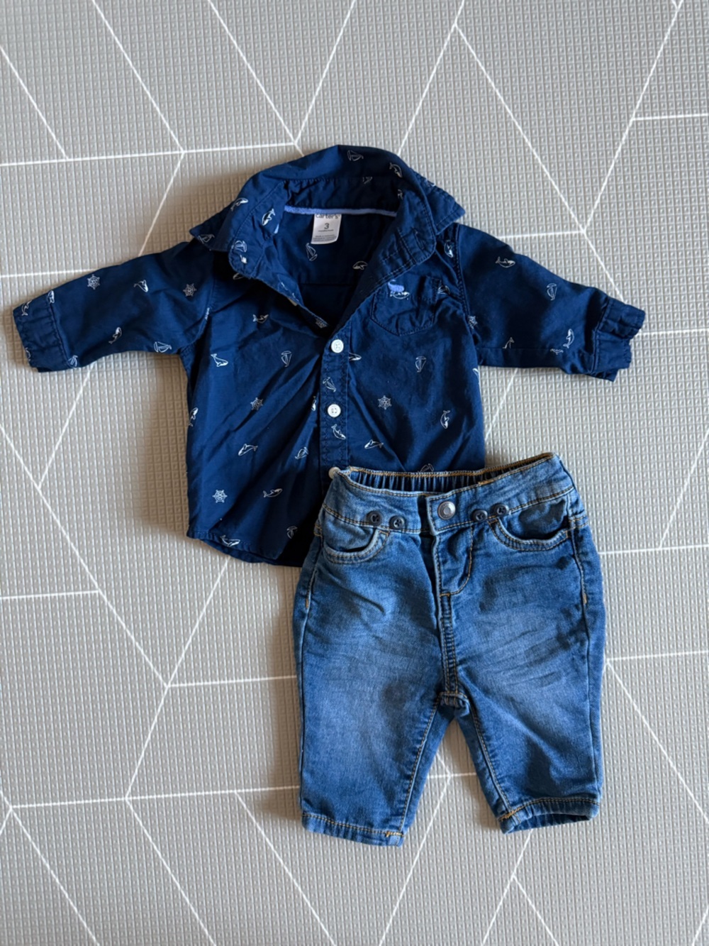 Osh Kosh|Baby boy nautical set,Navy sailboat Button-Up Shirt & Blue Denim Pants•